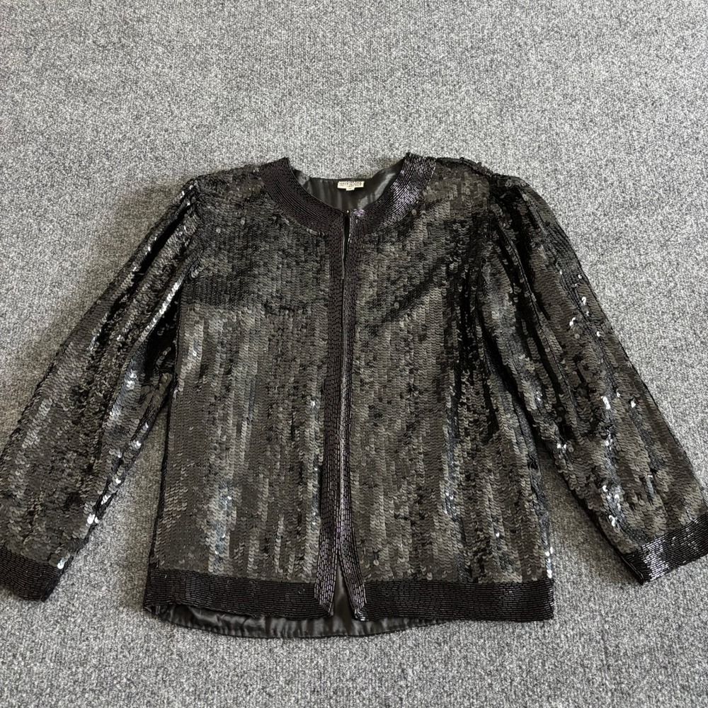 Vintage 100% Silk Black Sequin Beaded Evening Jacket Small Made in India